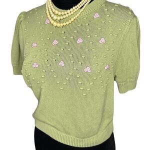 Hesperus Sage Green Knit Floral Sweater 3D Flower Puff Sleeve Medium Cottagecore